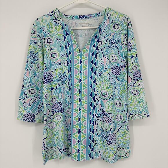 Lilly Pulitzer Tops - Lilly Pulitzer Top Womens Small Blue Green White Mosaic Tunic 3/4 Sleeve Stretch